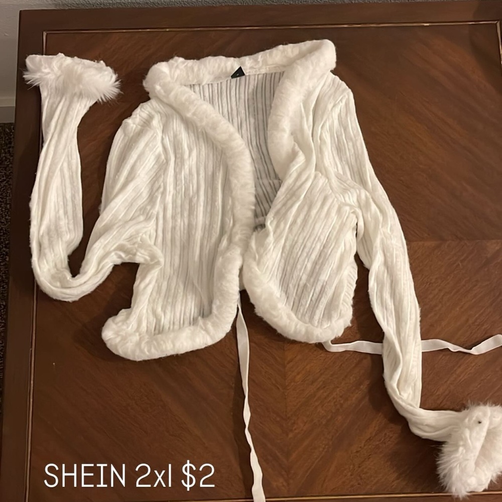 SHEIN white top with fluffy neck and wrists